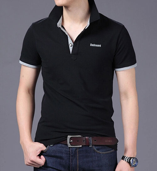 精棉萊卡高檔POLO衫定做，黑色搭配花灰色效果款式圖