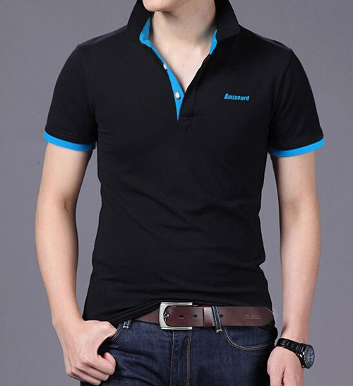 精棉萊卡高檔POLO衫定做,黑色搭配天藍色款式效果圖