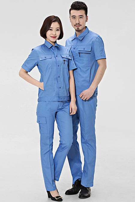 天藍色短袖夾克工衣訂做款式模板圖