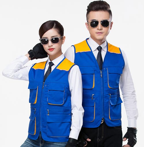 多口袋藍黃拼色款馬甲定做款式設計模板圖二