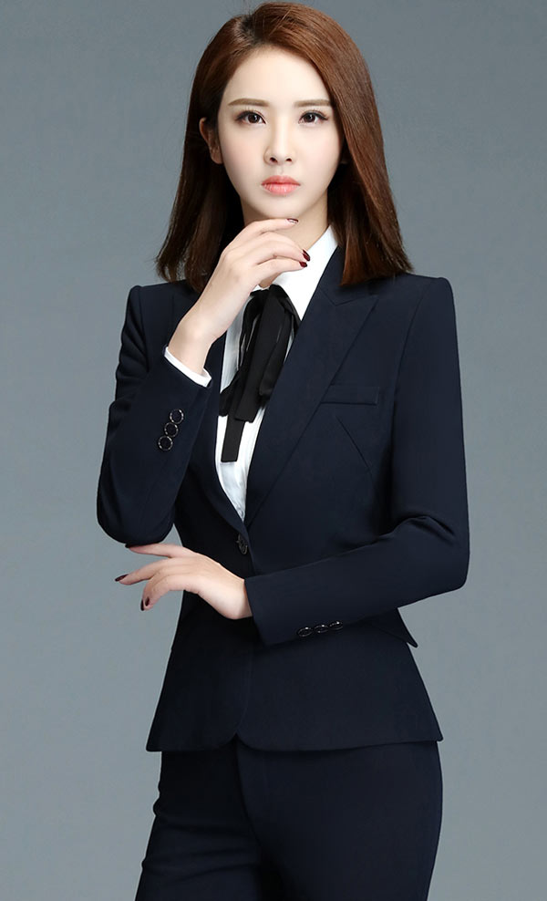 寶藍色女職業套裝定做正面款式特寫圖片
