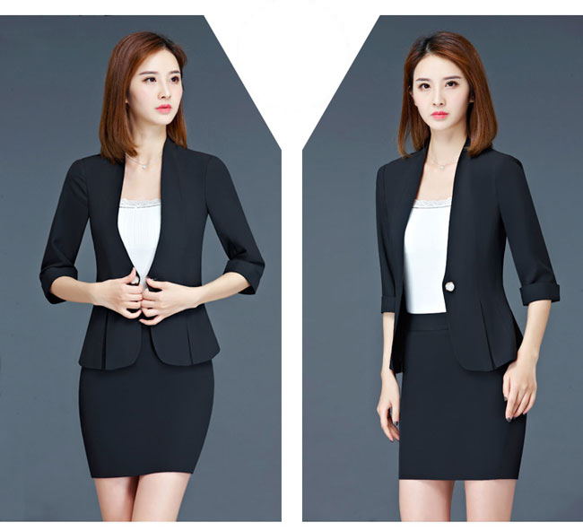 黑色女營業(yè)員工作服套裙裝款式模特展示圖二