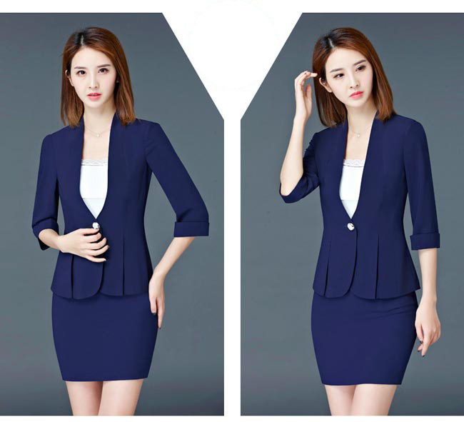 藍(lán)色營(yíng)業(yè)員工作服套裙款式模特展示圖二