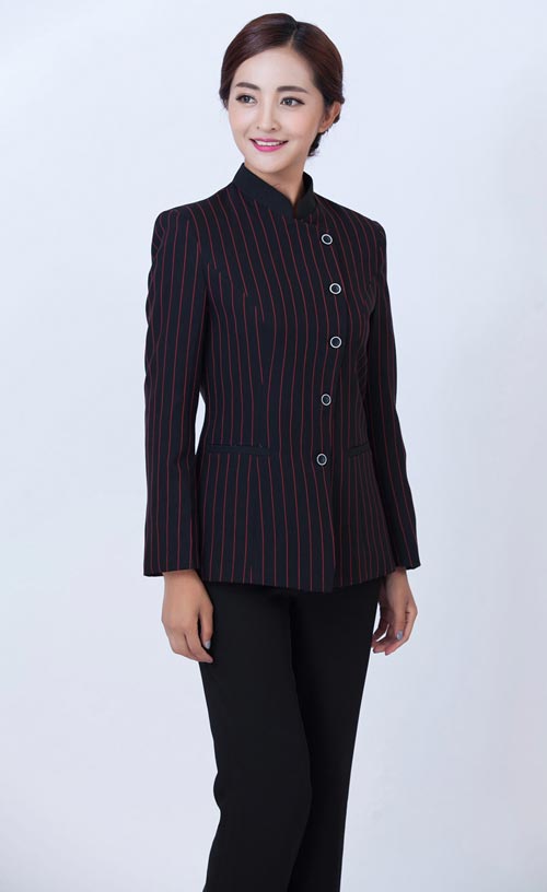 紅色長袖條紋女保潔員工作服定做款式展示圖二