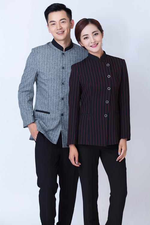 紅色長袖條紋保潔員工作服定做款式展示圖二