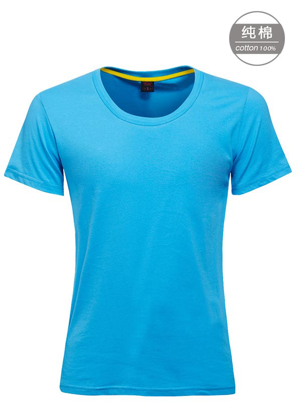 湖藍色純棉短袖女圓領(lǐng)T恤衫