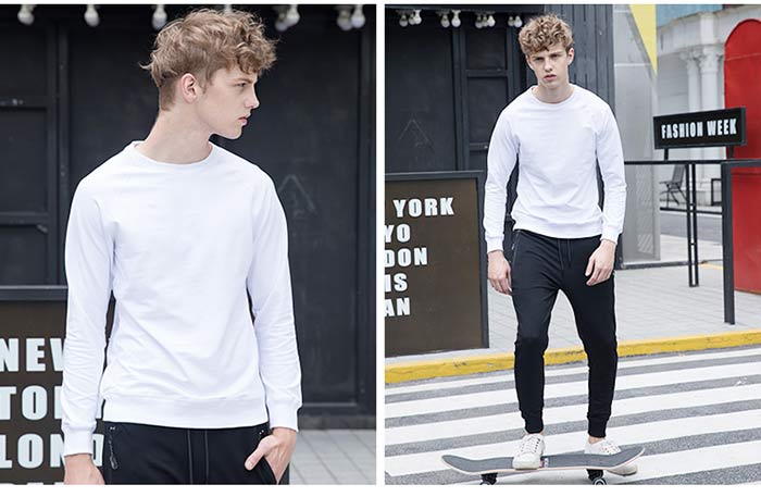 秋冬純色線圈圓領衛衣定做模特實穿之白色前后效果展示圖