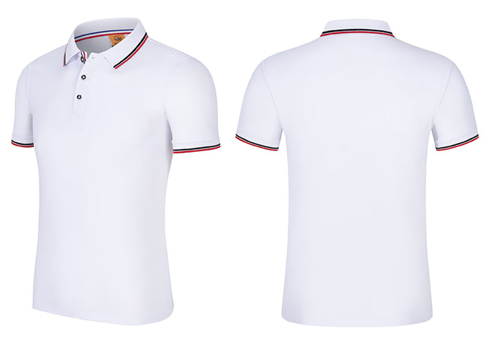 200克白色款CVC面料織帶門瞳短袖翻領(lǐng)T恤衫工衣立體款式圖