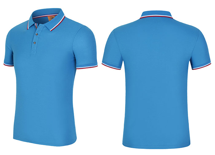 200克孔藍色款CVC面料織帶門瞳短袖翻領(lǐng)T恤衫工衣立體款式圖